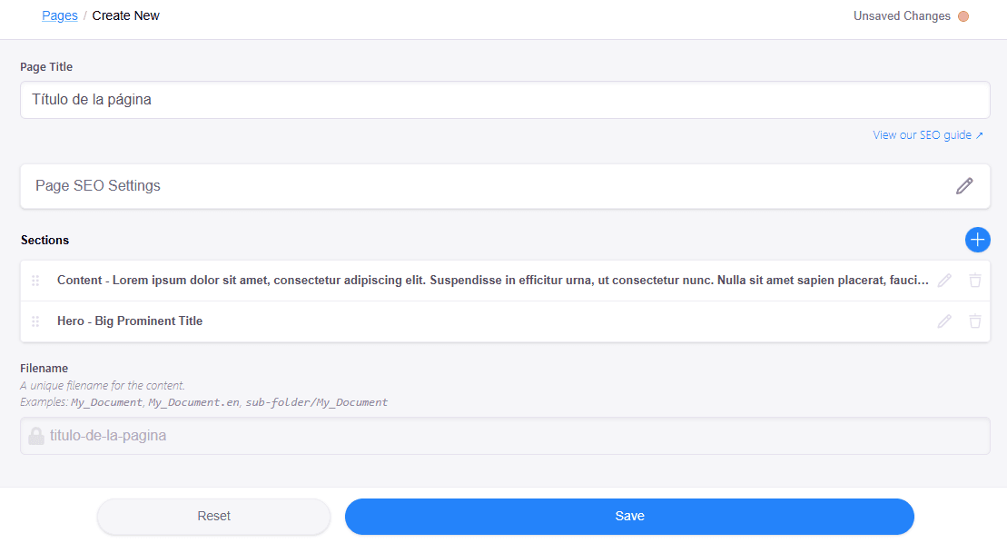 Options to create a new page