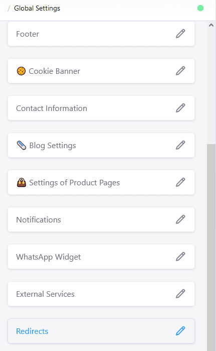 Redirects option at the end of the list