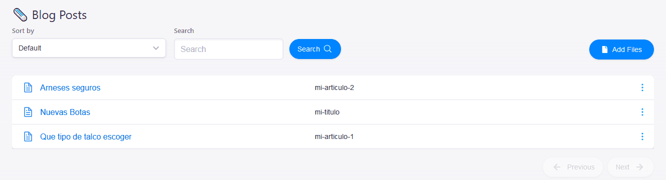 Menu with existing articles and 'Add Files' button