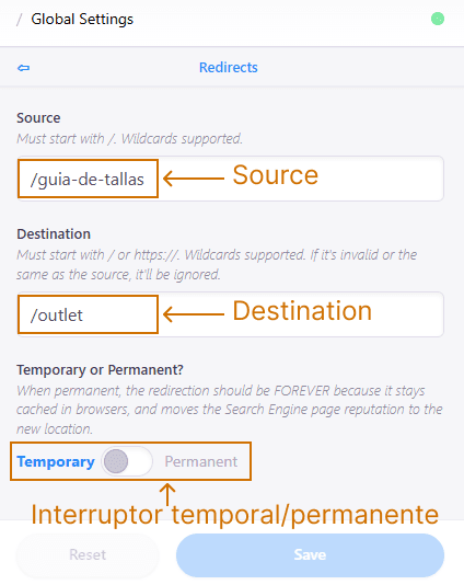 Redirect editor options