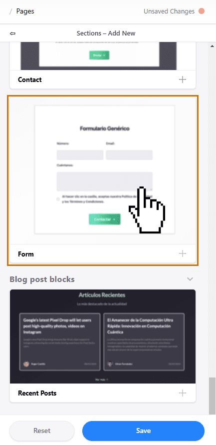 Form option in the block list.