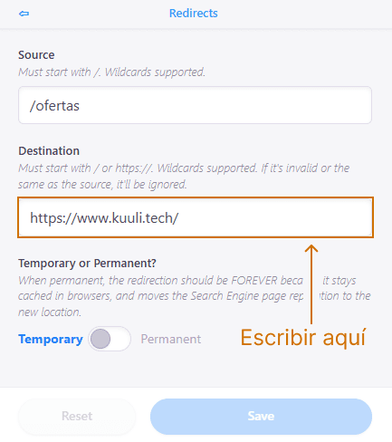 A URL in the Destination field
