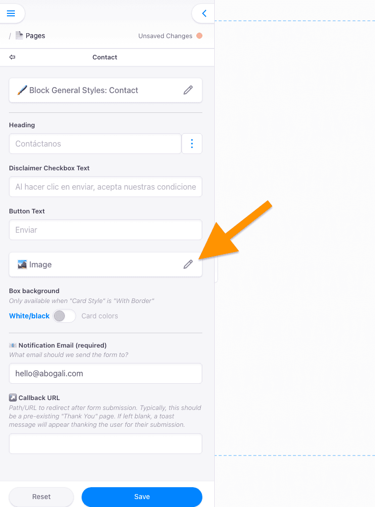Marte editor sidebar image in contact block