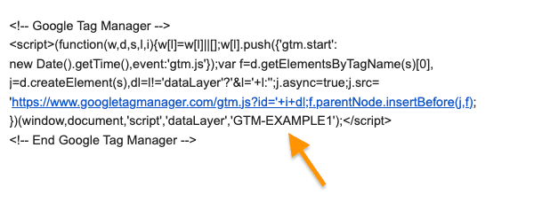 GTM script screenshot with arrow pointing to the ID