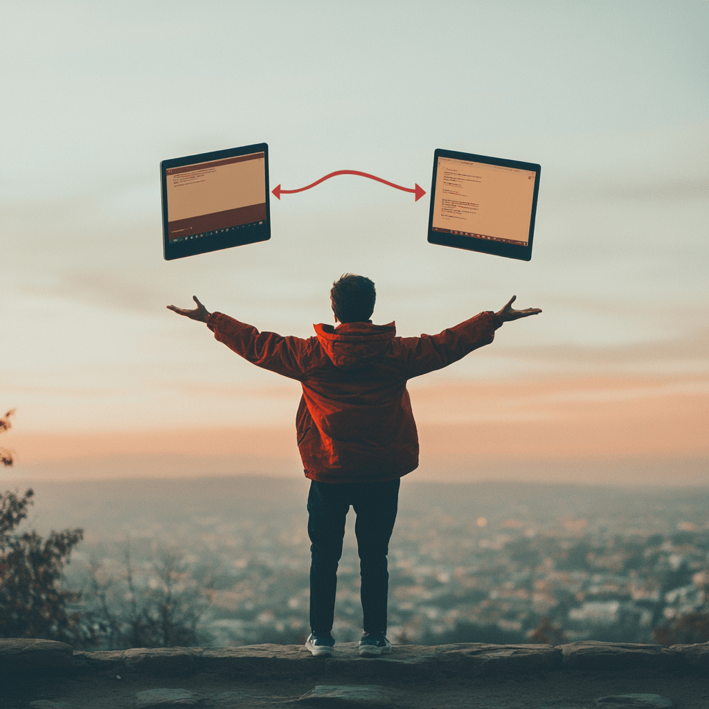 Photo of a person connecting two screens