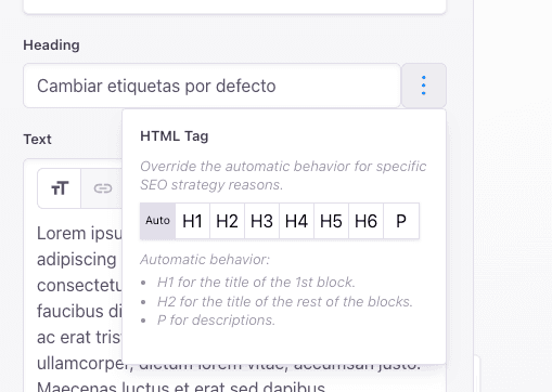 UI screenshot for changing HTML tag of title