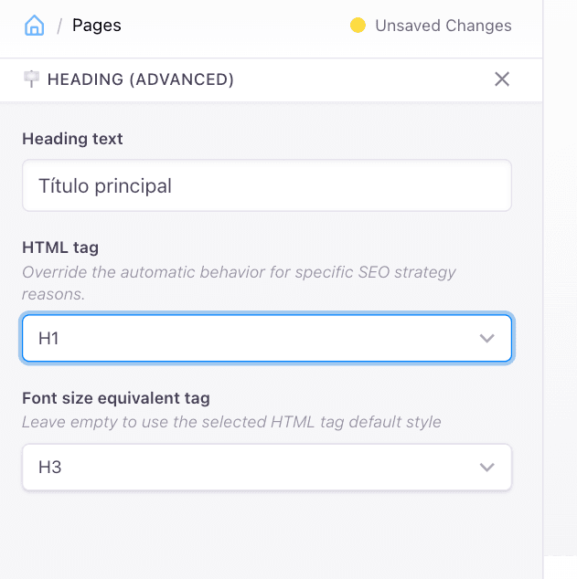 Screenshot of editing heading advanced
