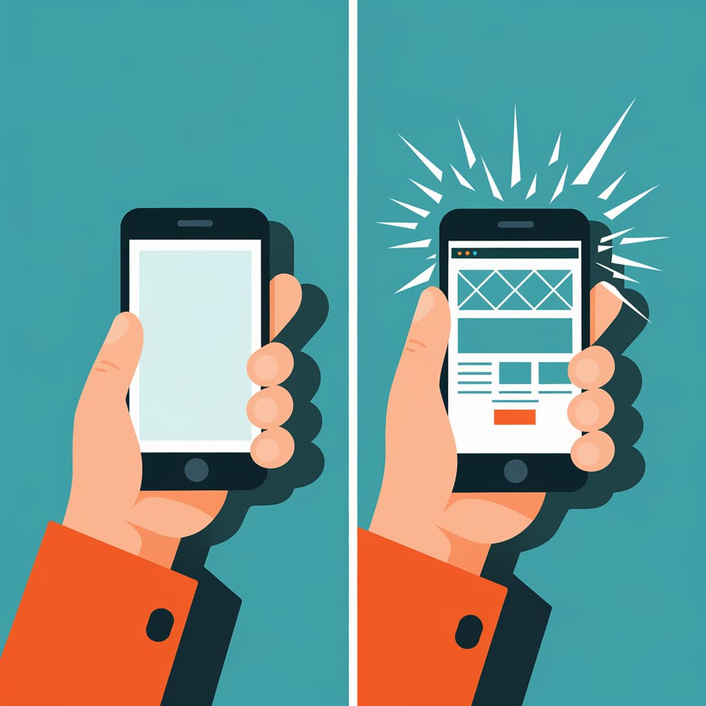 On the left, an empty smartphone; on the right, a smartphone that has just loaded a page