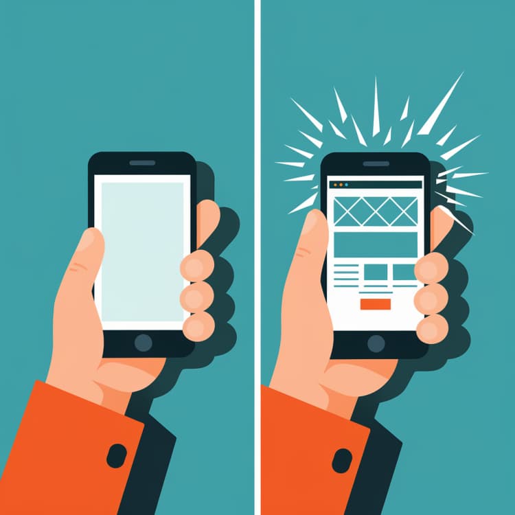 On the left, an empty smartphone; on the right, a smartphone that has just loaded a page